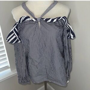 J. Crew Navy and White Striped Off-Shoulder Blouse